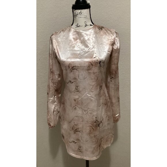 Elegant Marble-Print Satin Blouse With Long Sleeves & Round Neckline Size 2 - Picture 1 of 5